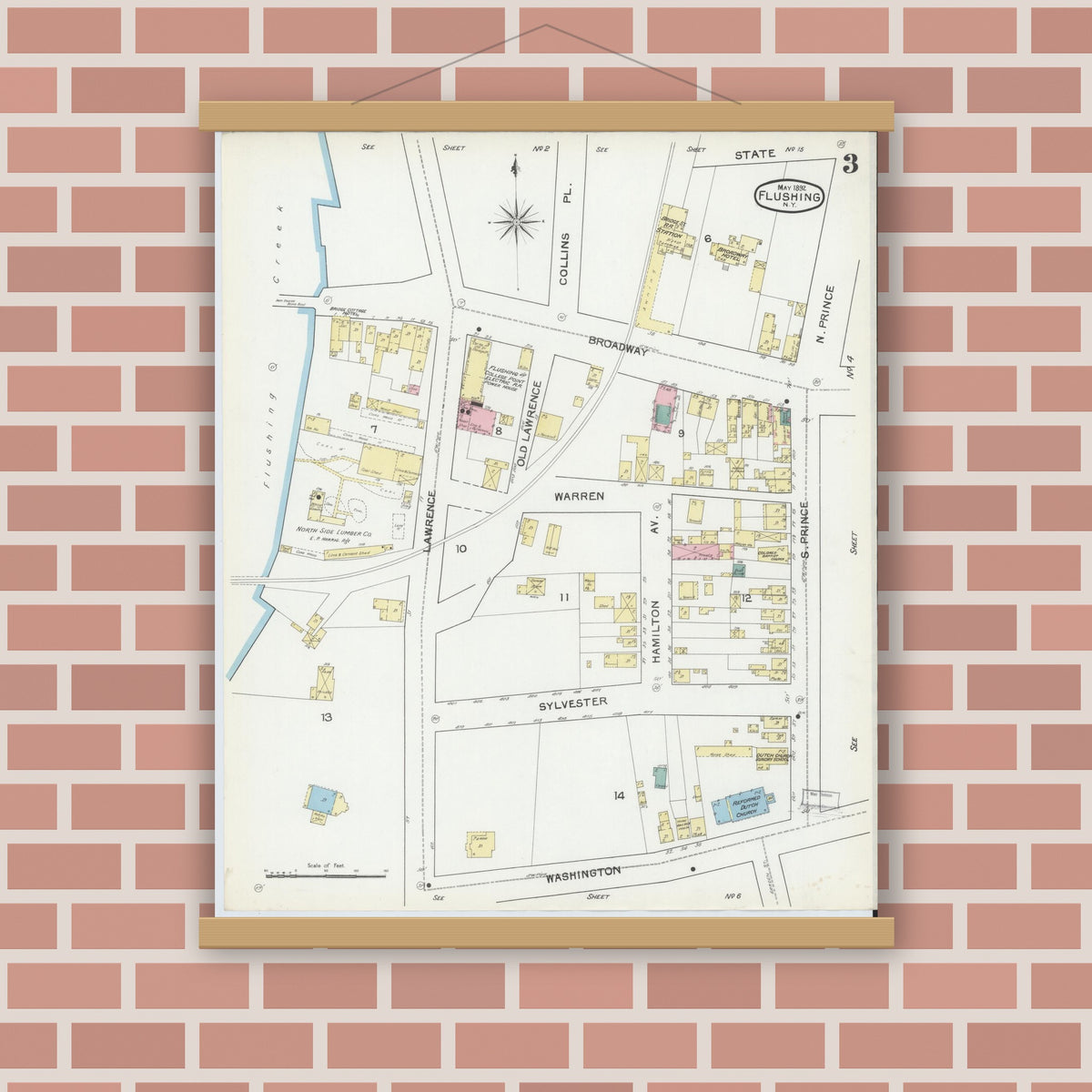 Old map wall art mockup — magnetic wood frame on brick wall — Sanborn Fire Insurance Map from Flushing, Queens County, New York (1892), Sheet #0003