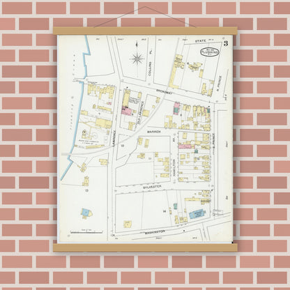 Old map wall art mockup — magnetic wood frame on brick wall — Sanborn Fire Insurance Map from Flushing, Queens County, New York (1892), Sheet #0003