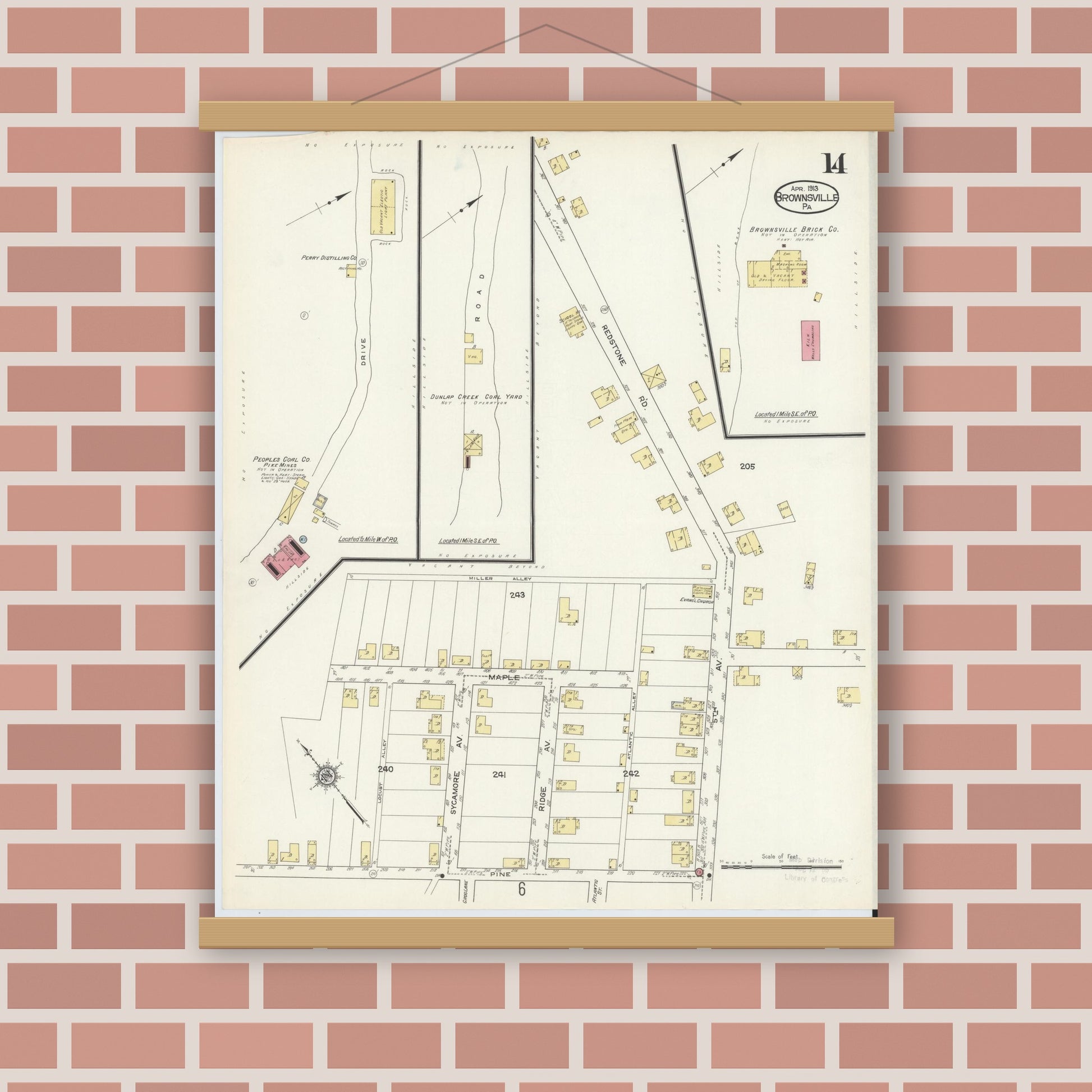 Old map wall art mockup — magnetic wood frame on brick wall — Sanborn Fire Insurance Map from Brownsville, Fayette County, Pennsylvania (1913), Sheet #0014