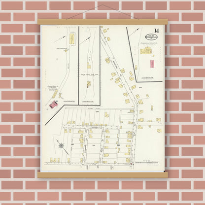 Old map wall art mockup — magnetic wood frame on brick wall — Sanborn Fire Insurance Map from Brownsville, Fayette County, Pennsylvania (1913), Sheet #0014