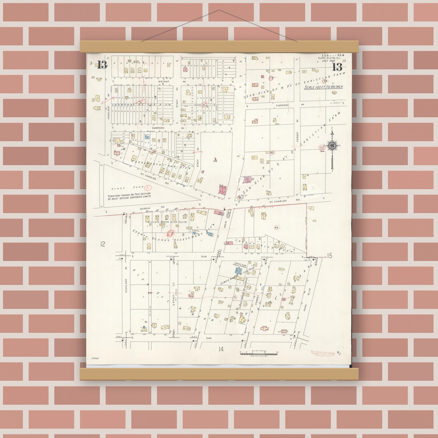 Old map wall art mockup — magnetic wood frame on brick wall — Sanborn Fire Insurance Map from Glen Ellyn, Du Page County, Illinois (1946), Sheet #0013