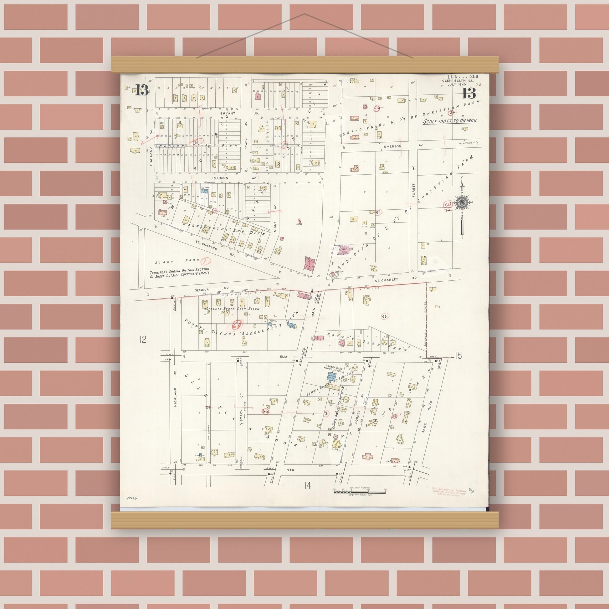 Old map wall art mockup — magnetic wood frame on brick wall — Sanborn Fire Insurance Map from Glen Ellyn, Du Page County, Illinois (1946), Sheet #0013