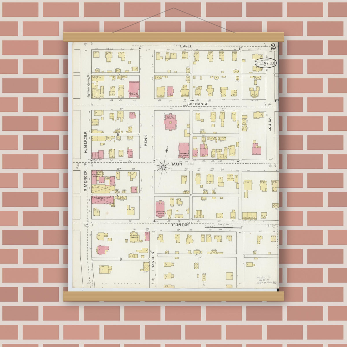 Old map wall art mockup — magnetic wood frame on brick wall — Sanborn Fire Insurance Map from Greenville, Mercer County, Pennsylvania (1893), Sheet #0002