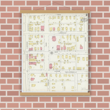 Old map wall art mockup — magnetic wood frame on brick wall — Sanborn Fire Insurance Map from Greenville, Mercer County, Pennsylvania (1893), Sheet #0002