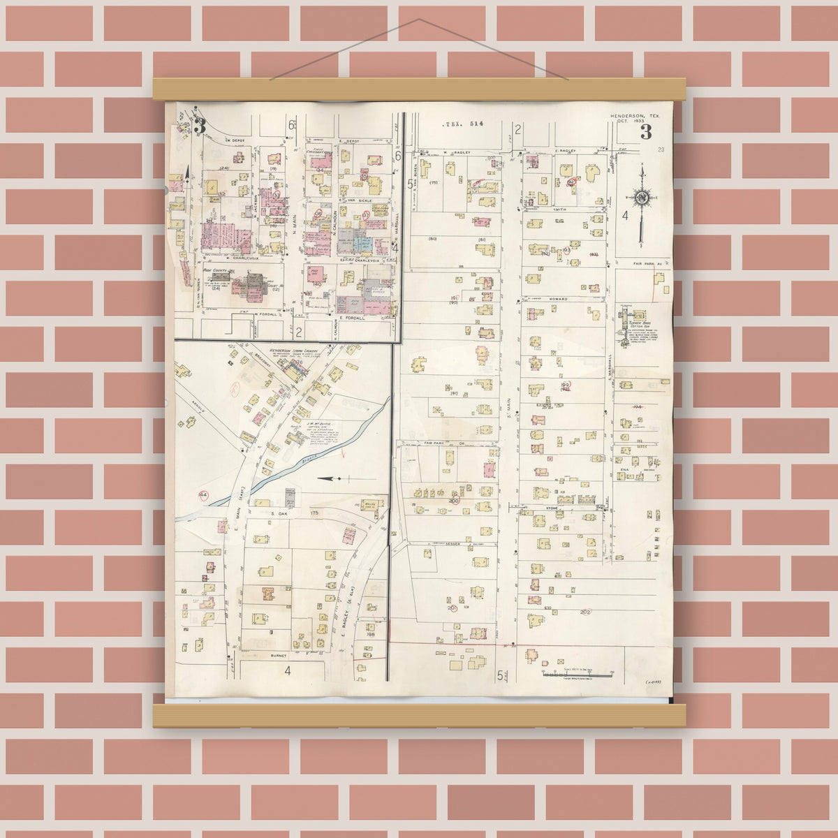 Old map wall art mockup — magnetic wood frame on brick wall — Sanborn Fire Insurance Map from Henderson, Rusk County, Texas (1949), Sheet #0003