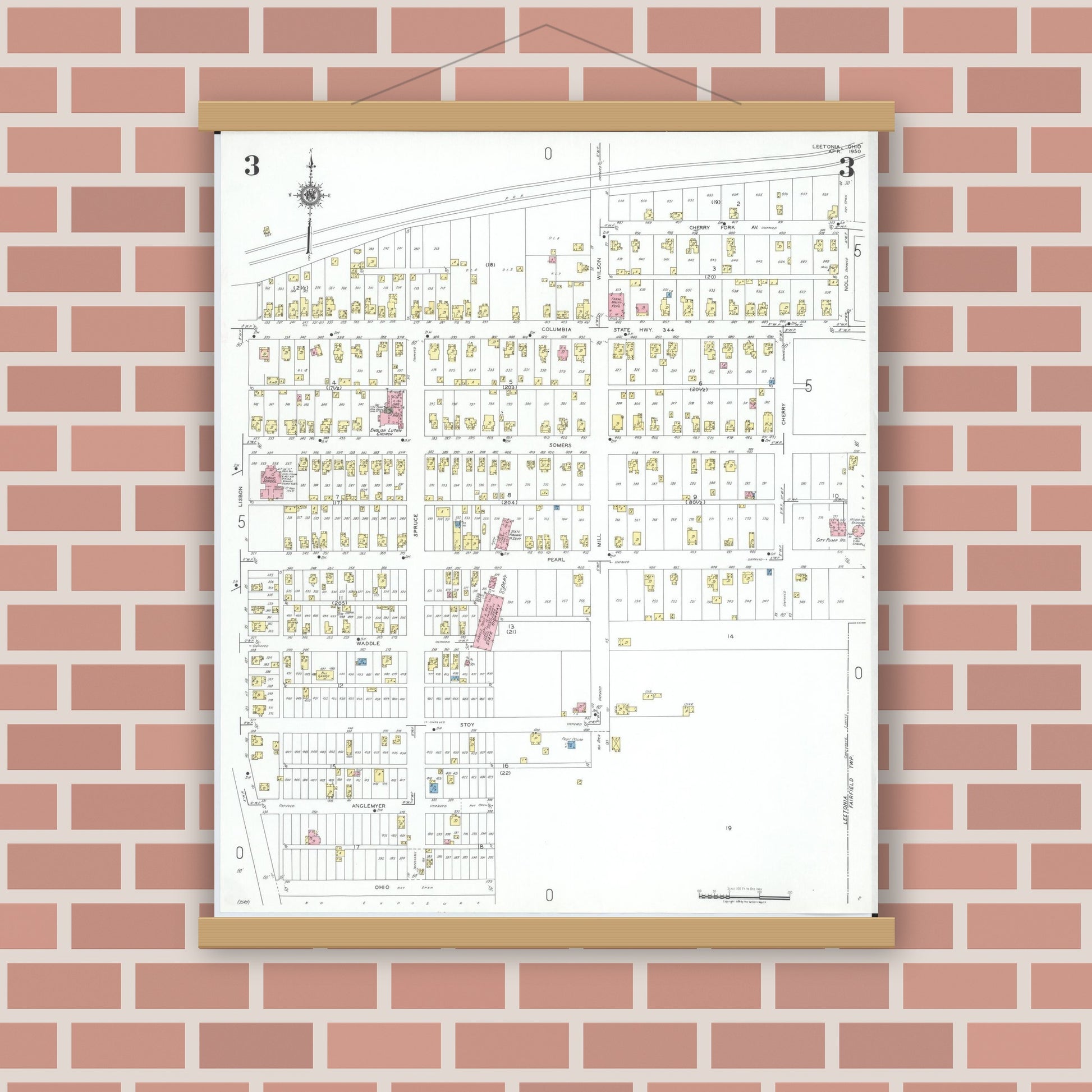 Old map wall art mockup — magnetic wood frame on brick wall — Sanborn Fire Insurance Map from Leetonia, Columbiana County, Ohio (1950), Sheet #0003