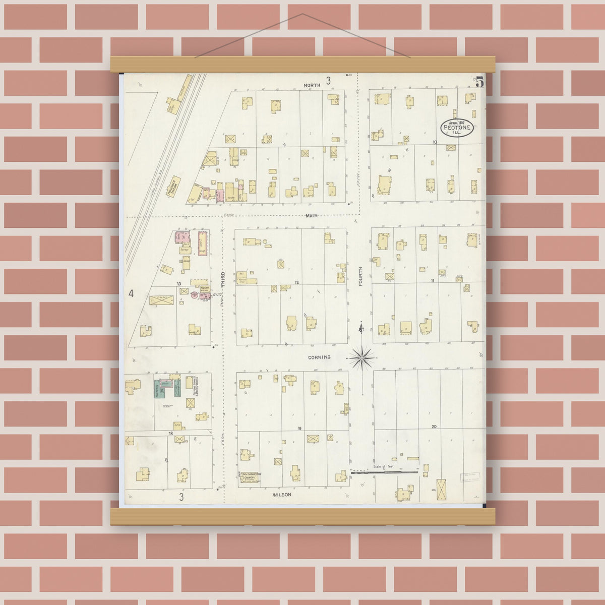 Old map wall art mockup — magnetic wood frame on brick wall — Sanborn Fire Insurance Map from Peotone, Will County, Illinois (1907), Sheet #0005