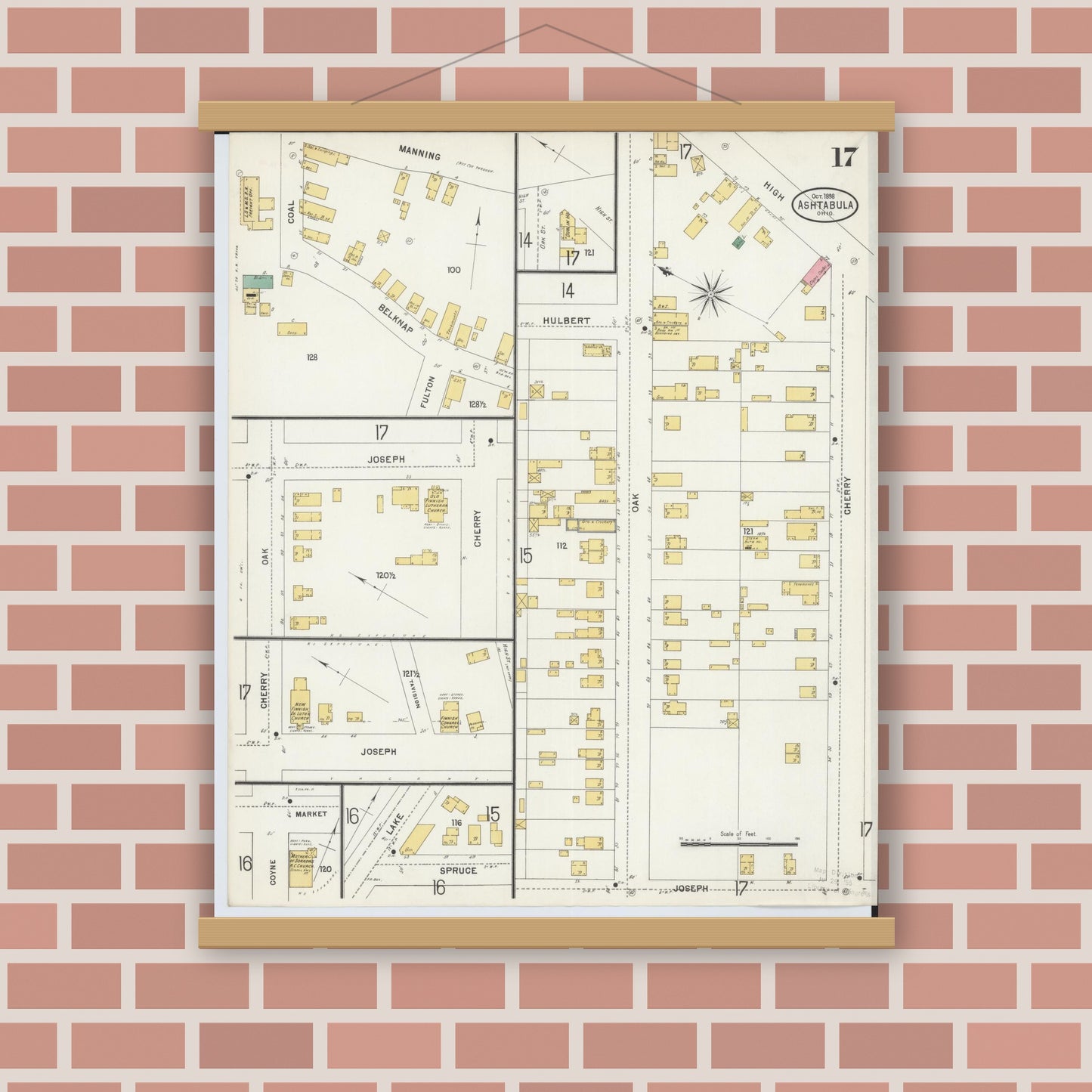 Old map wall art mockup — magnetic wood frame on brick wall — Sanborn Fire Insurance Map from Ashtabula, Ashtabula County, Ohio (1898), Sheet #0017