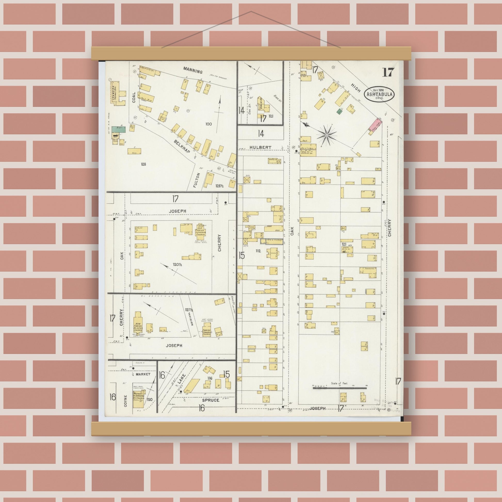 Old map wall art mockup — magnetic wood frame on brick wall — Sanborn Fire Insurance Map from Ashtabula, Ashtabula County, Ohio (1898), Sheet #0017