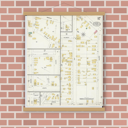 Old map wall art mockup — magnetic wood frame on brick wall — Sanborn Fire Insurance Map from Ashtabula, Ashtabula County, Ohio (1898), Sheet #0017