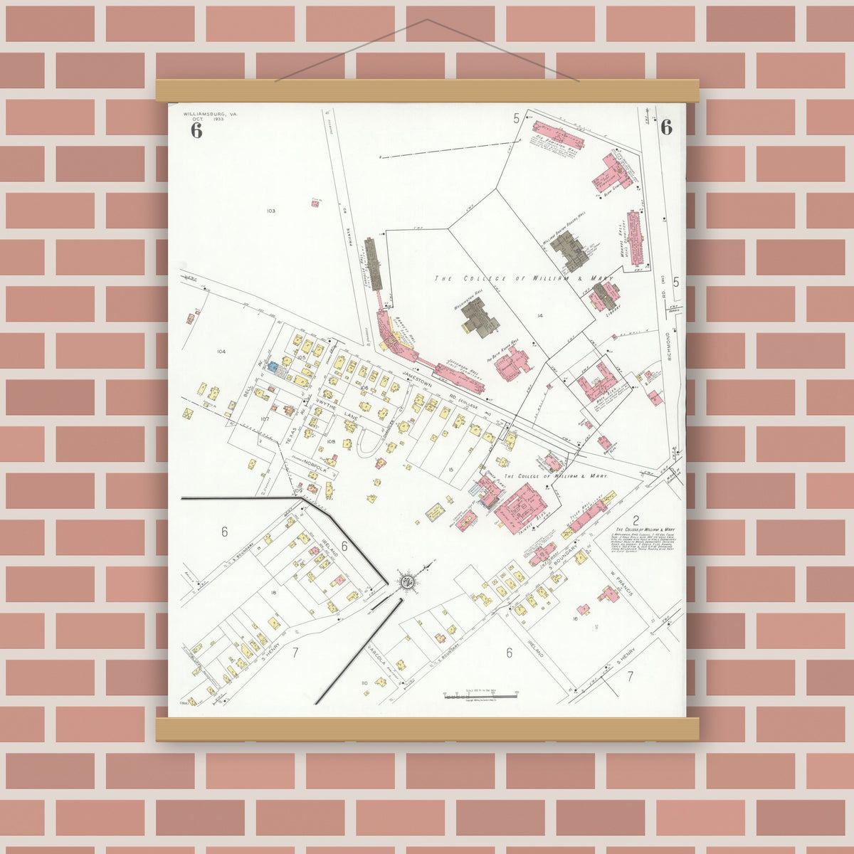 Old map wall art mockup — magnetic wood frame on brick wall — Sanborn Fire Insurance Map from Williamsburg, Independent Cities, Virginia (1933), Sheet #0006