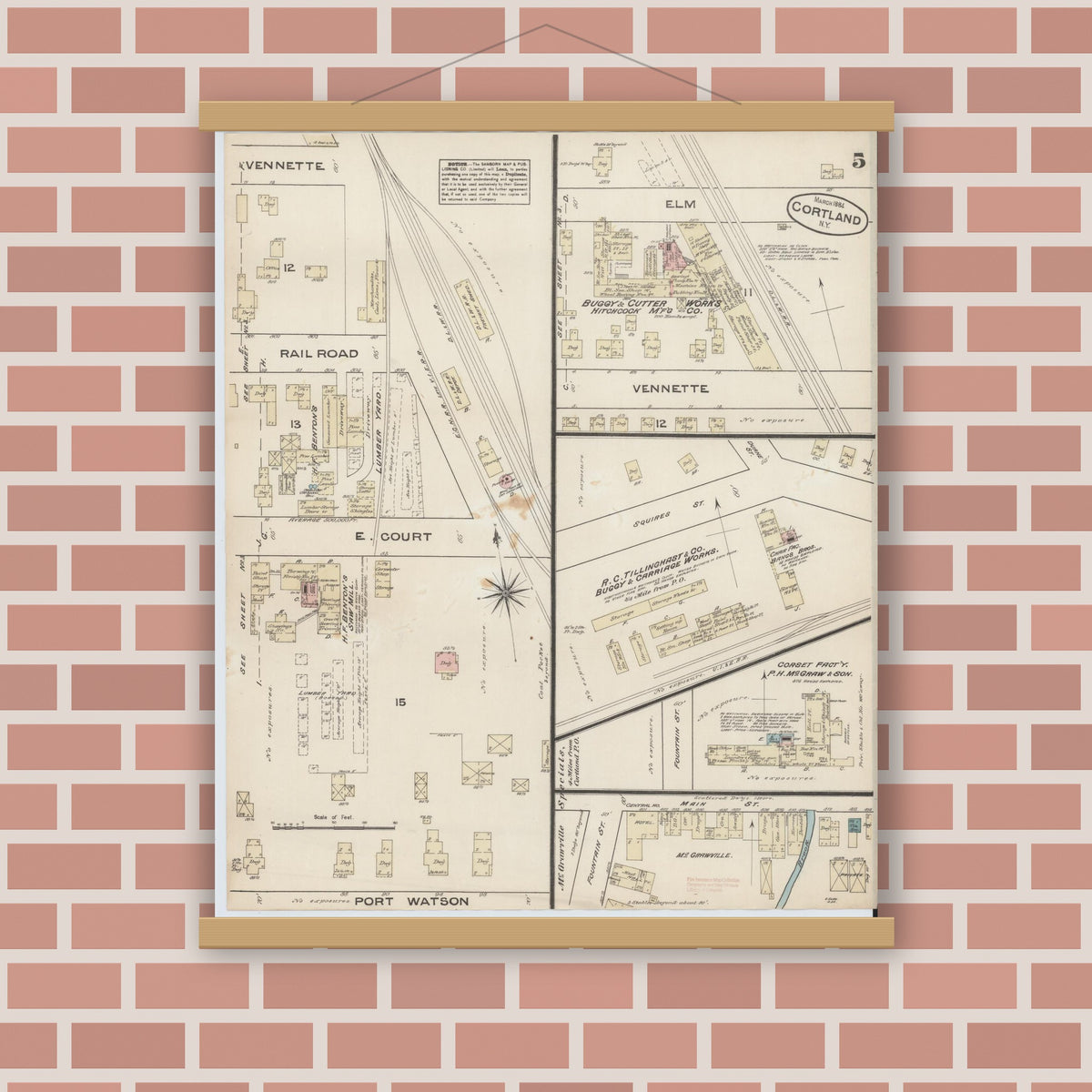 Old map wall art mockup — magnetic wood frame on brick wall — Sanborn Fire Insurance Map from Cortland, Cortland County, New York (1884), Sheet #0005