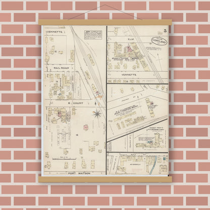 Old map wall art mockup — magnetic wood frame on brick wall — Sanborn Fire Insurance Map from Cortland, Cortland County, New York (1884), Sheet #0005