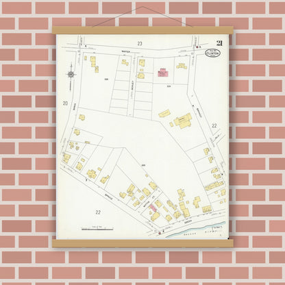 Old map wall art mockup — magnetic wood frame on brick wall — Sanborn Fire Insurance Map from Clinton, Worcester County, Massachusetts (1911), Sheet #0021
