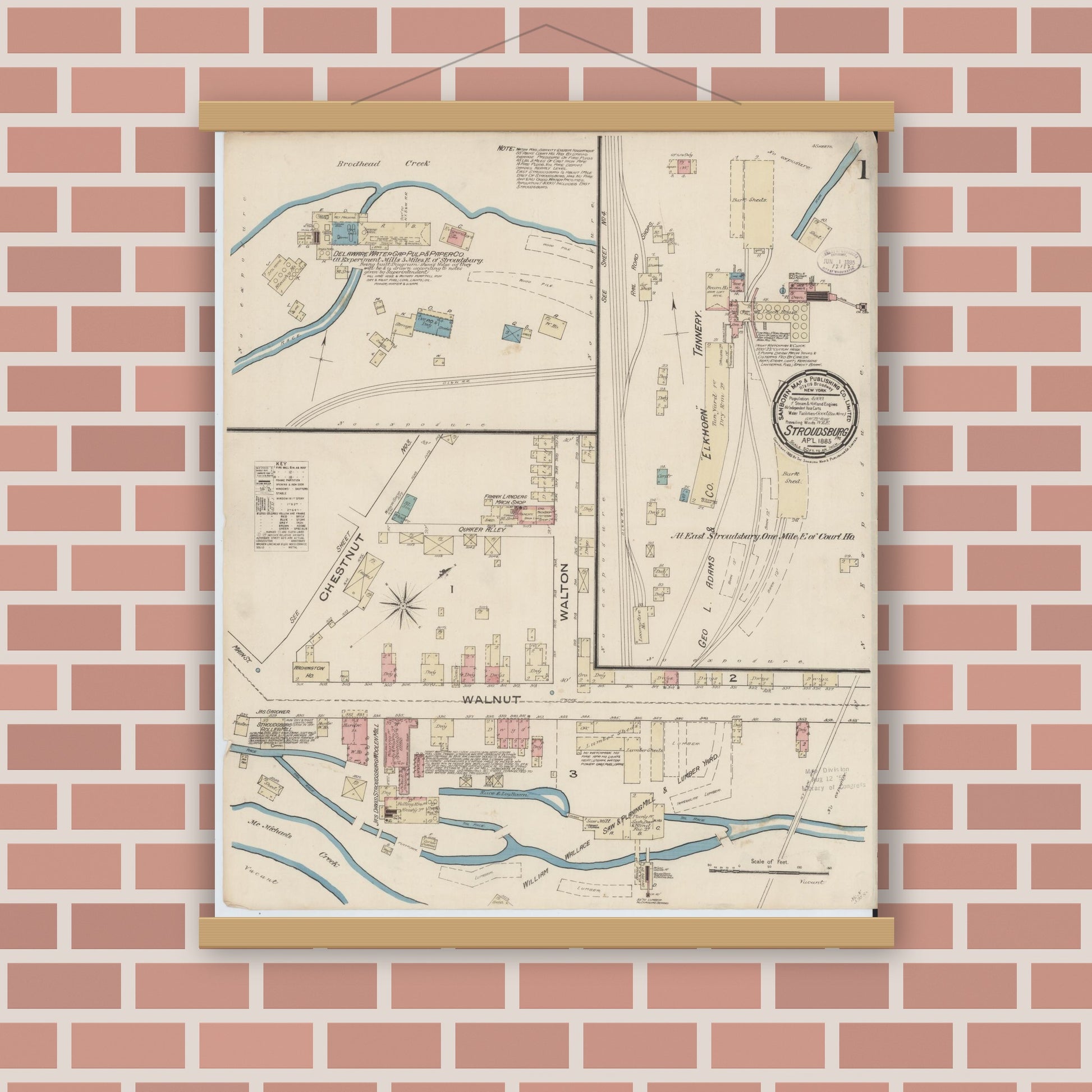 Old map wall art mockup — magnetic wood frame on brick wall — Sanborn Fire Insurance Map from Stroudsburg, Monroe County, Pennsylvania (1885) - Complete Map Set