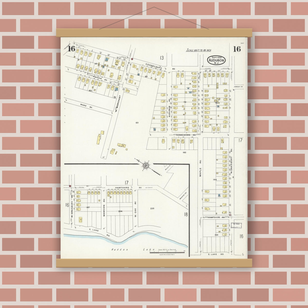 Old map wall art mockup — magnetic wood frame on brick wall — Sanborn Fire Insurance Map from Audubon, Camden County, New Jersey (1924), Sheet #0016