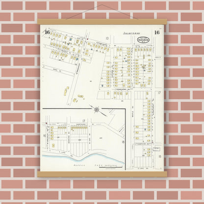 Old map wall art mockup — magnetic wood frame on brick wall — Sanborn Fire Insurance Map from Audubon, Camden County, New Jersey (1924), Sheet #0016