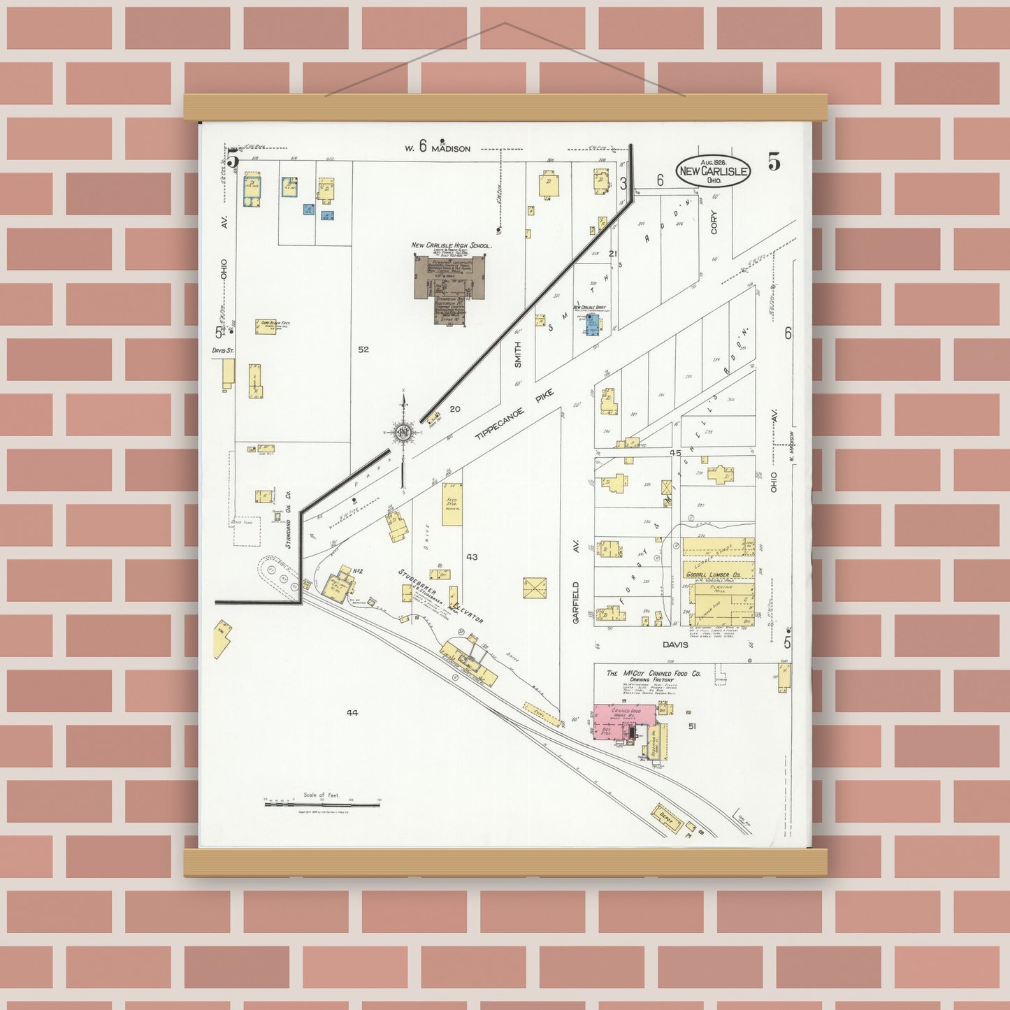 Old map wall art mockup — magnetic wood frame on brick wall — Sanborn Fire Insurance Map from New Carlisle, Clarke County, Ohio (1926), Sheet #0005