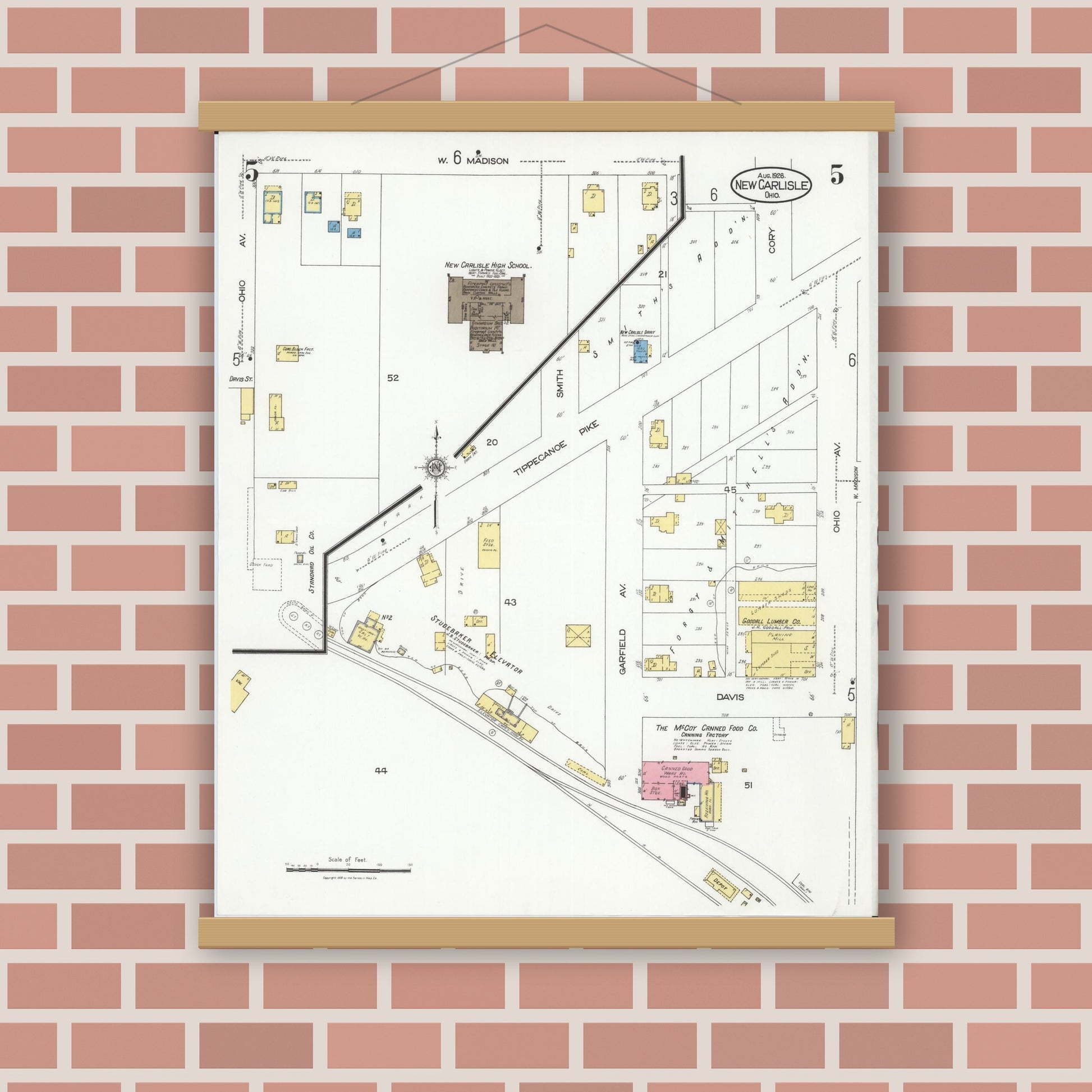 Old map wall art mockup — magnetic wood frame on brick wall — Sanborn Fire Insurance Map from New Carlisle, Clarke County, Ohio (1926), Sheet #0005
