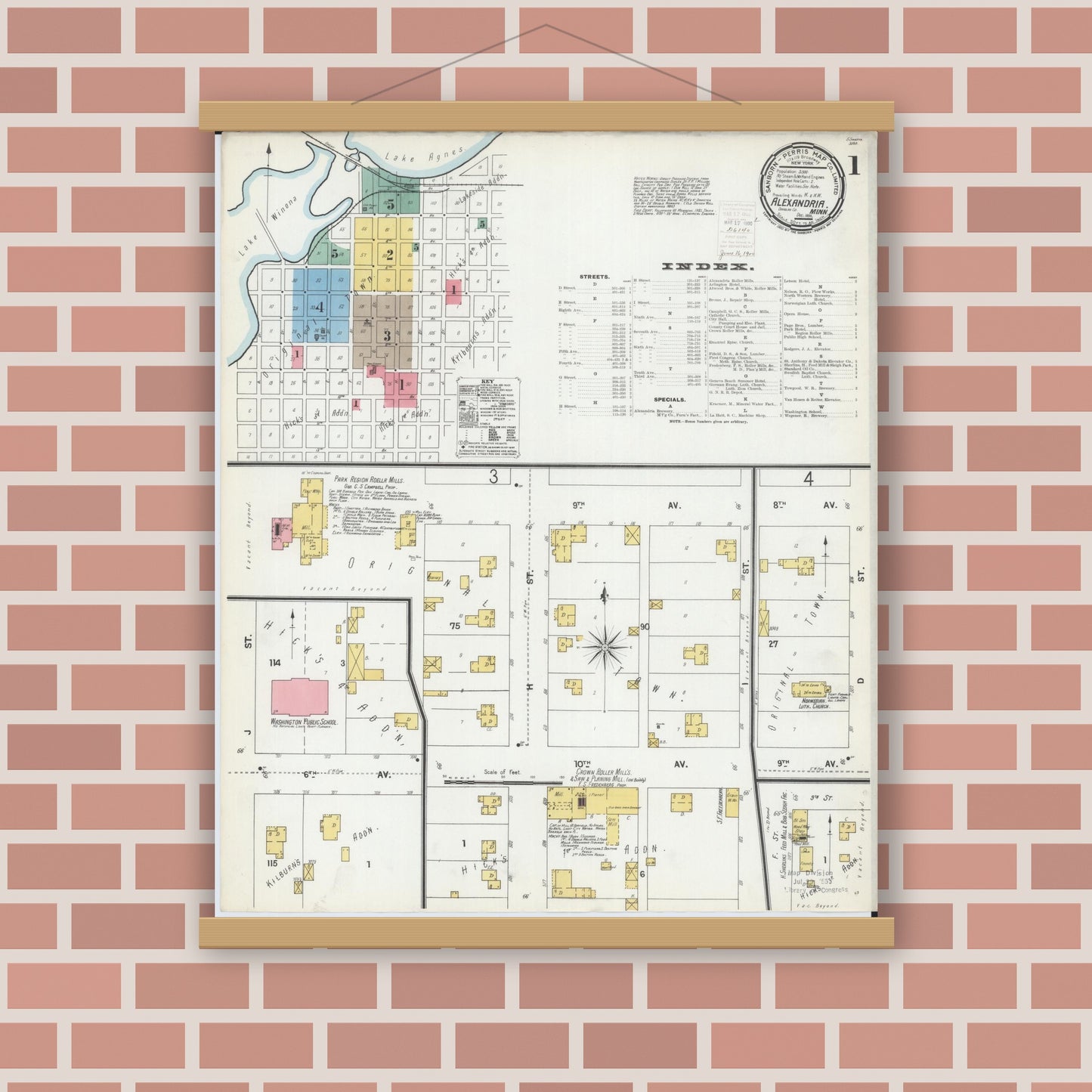 Old map wall art mockup — magnetic wood frame on brick wall — Sanborn Fire Insurance Map from Alexandria, Douglas County, Minnesota (1899) - Complete Map Set