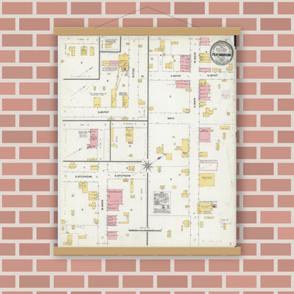 Old map wall art mockup — magnetic wood frame on brick wall — Sanborn Fire Insurance Map from Pilot Mountain, Surry County, North Carolina (1905), Sheet #0001