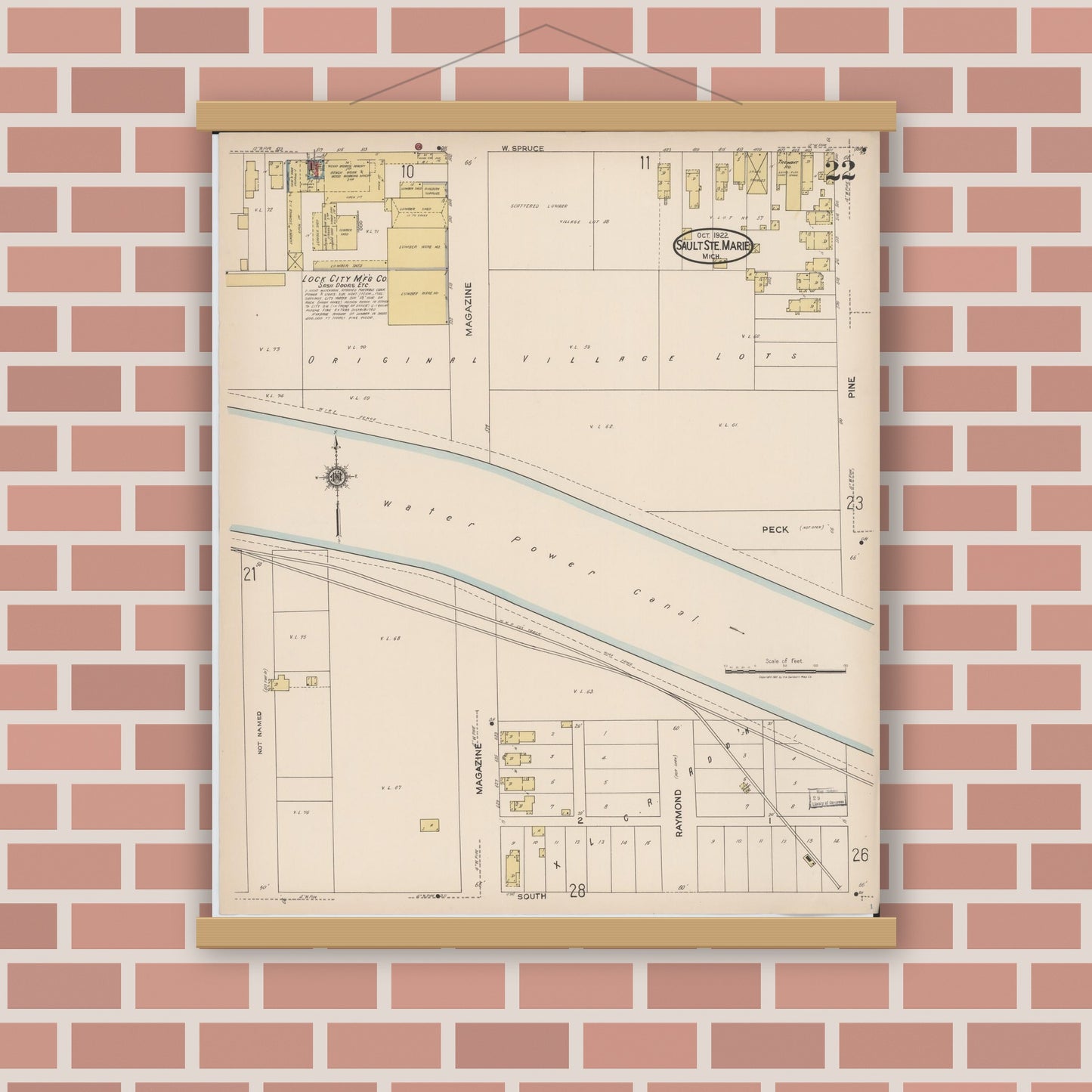 Old map wall art mockup — magnetic wood frame on brick wall — Sanborn Fire Insurance Map from Sault Sainte Marie, Chippewa County, Michigan (1922), Sheet #0022
