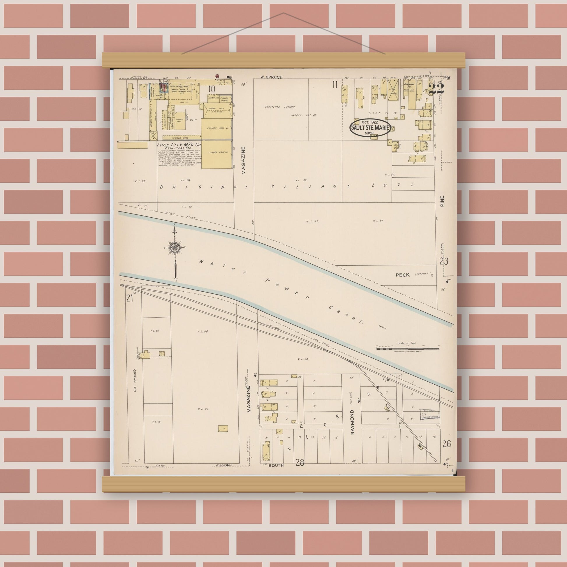 Old map wall art mockup — magnetic wood frame on brick wall — Sanborn Fire Insurance Map from Sault Sainte Marie, Chippewa County, Michigan (1922), Sheet #0022