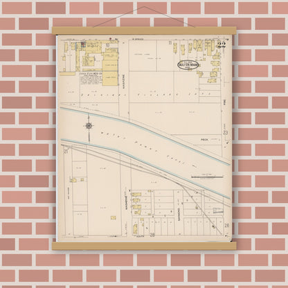 Old map wall art mockup — magnetic wood frame on brick wall — Sanborn Fire Insurance Map from Sault Sainte Marie, Chippewa County, Michigan (1922), Sheet #0022