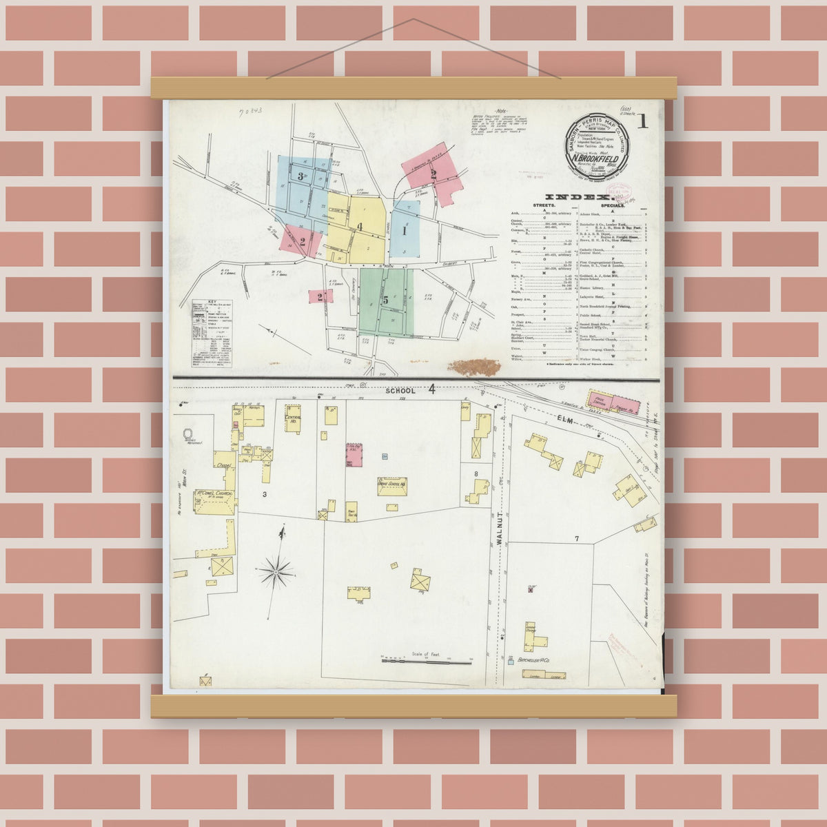 Old map wall art mockup — magnetic wood frame on brick wall — Sanborn Fire Insurance Map from North Brookfield, Worcester County, Massachusetts (1896) - Complete Map Set