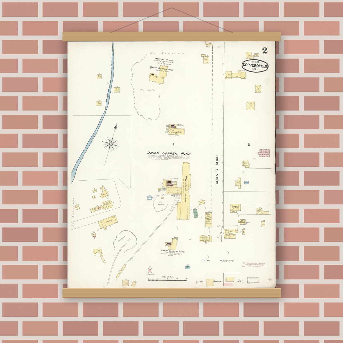 Old map wall art mockup — magnetic wood frame on brick wall — Sanborn Fire Insurance Map from Copperopolis, Calaveras County, California (1890), Sheet #0002