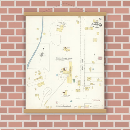 Old map wall art mockup — magnetic wood frame on brick wall — Sanborn Fire Insurance Map from Copperopolis, Calaveras County, California (1890), Sheet #0002
