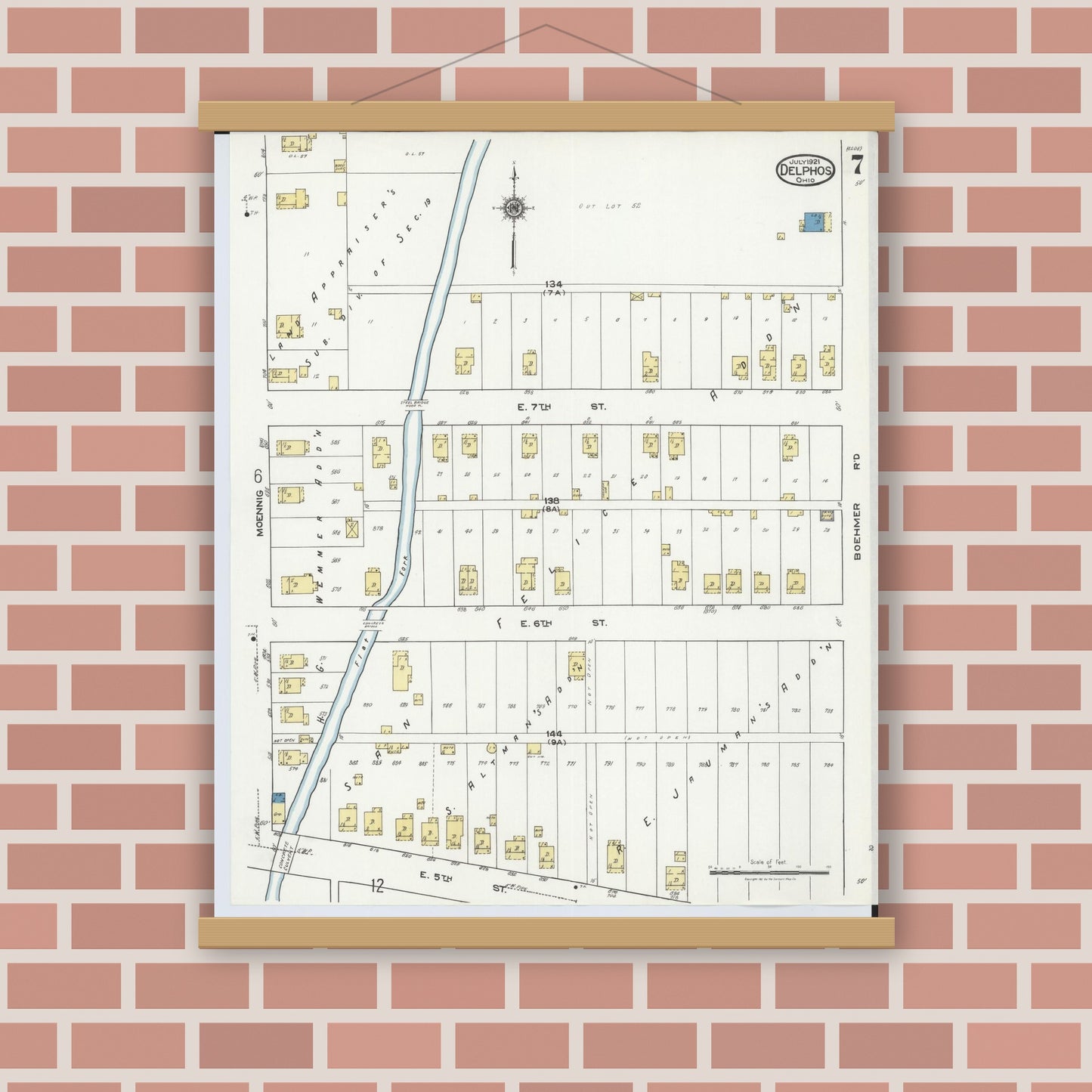 Old map wall art mockup — magnetic wood frame on brick wall — Sanborn Fire Insurance Map from Delphos, Van Wert And Allen Counties, Ohio (1921), Sheet #0007
