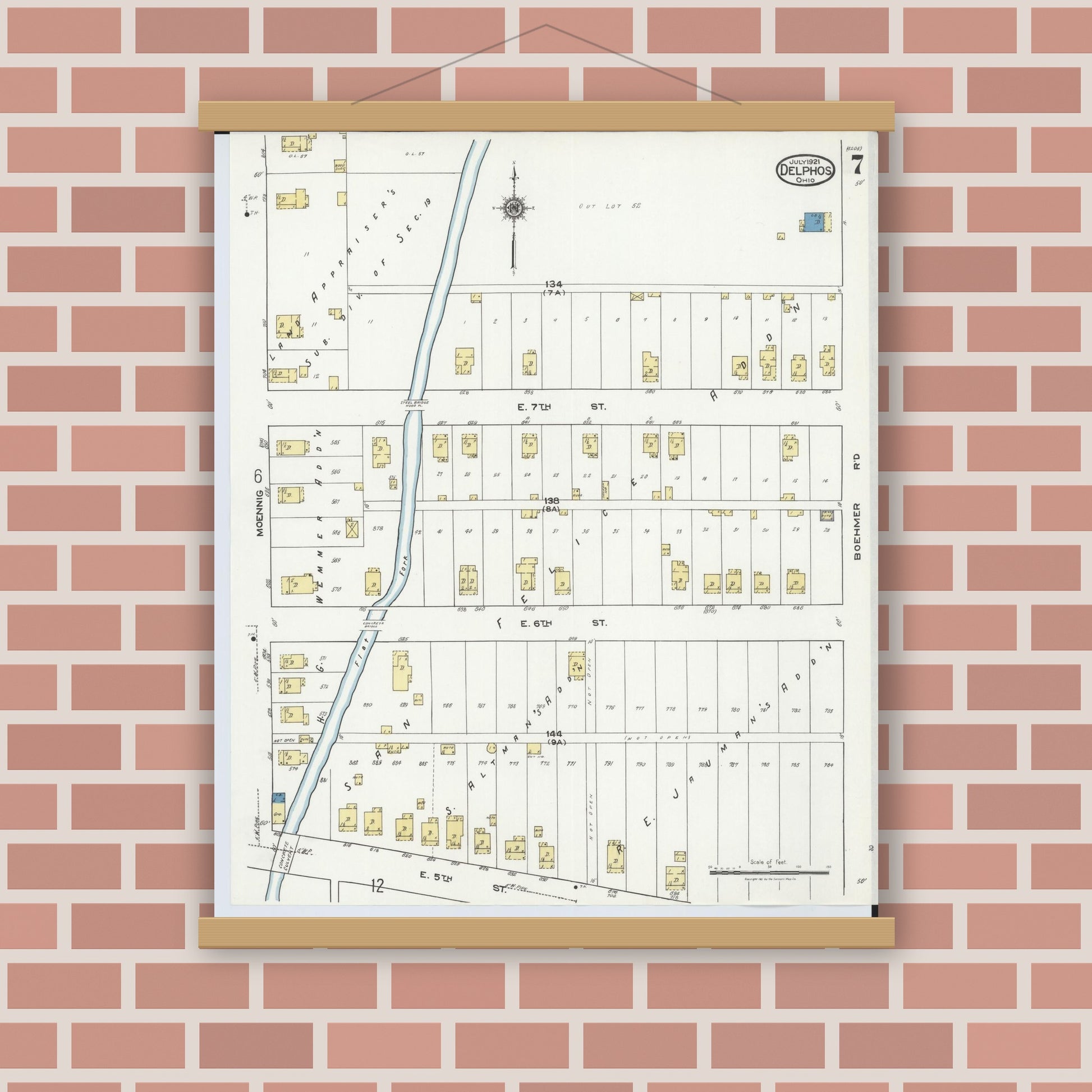 Old map wall art mockup — magnetic wood frame on brick wall — Sanborn Fire Insurance Map from Delphos, Van Wert And Allen Counties, Ohio (1921), Sheet #0007