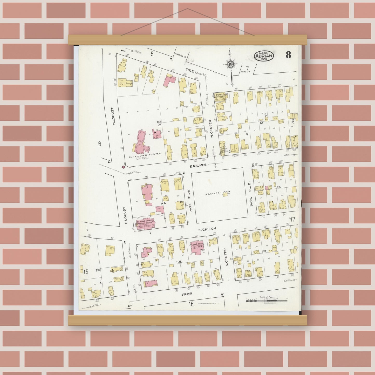 Old map wall art mockup — magnetic wood frame on brick wall — Sanborn Fire Insurance Map from Adrian, Lenawee County, Michigan (1916), Sheet #0008