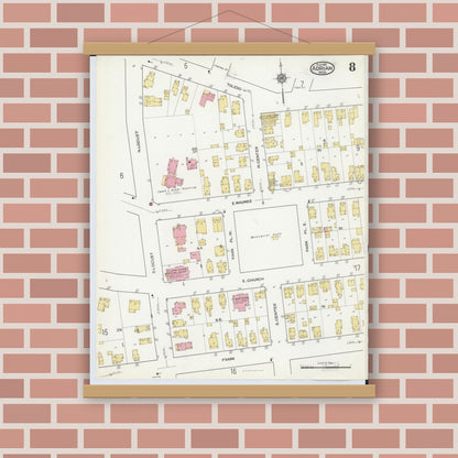 Old map wall art mockup — magnetic wood frame on brick wall — Sanborn Fire Insurance Map from Adrian, Lenawee County, Michigan (1916), Sheet #0008