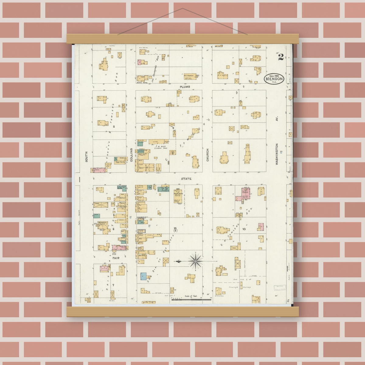 Old map wall art mockup — magnetic wood frame on brick wall — Sanborn Fire Insurance Map from Mendon, Adams County, Illinois (1905), Sheet #0002