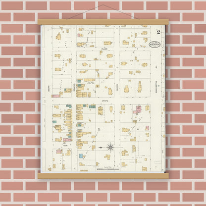 Old map wall art mockup — magnetic wood frame on brick wall — Sanborn Fire Insurance Map from Mendon, Adams County, Illinois (1905), Sheet #0002