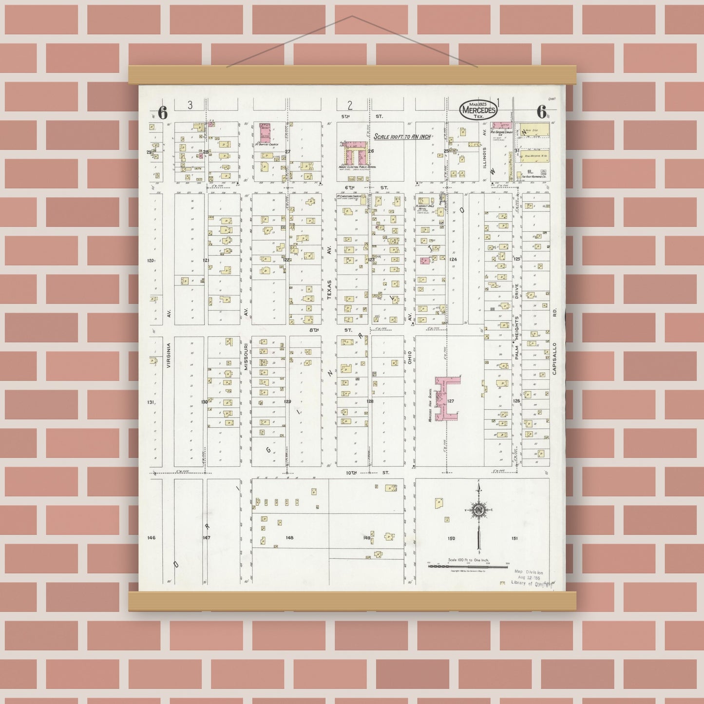 Old map wall art mockup — magnetic wood frame on brick wall — Sanborn Fire Insurance Map from Mercedes, Hidalgo County, Texas (1925), Sheet #0006
