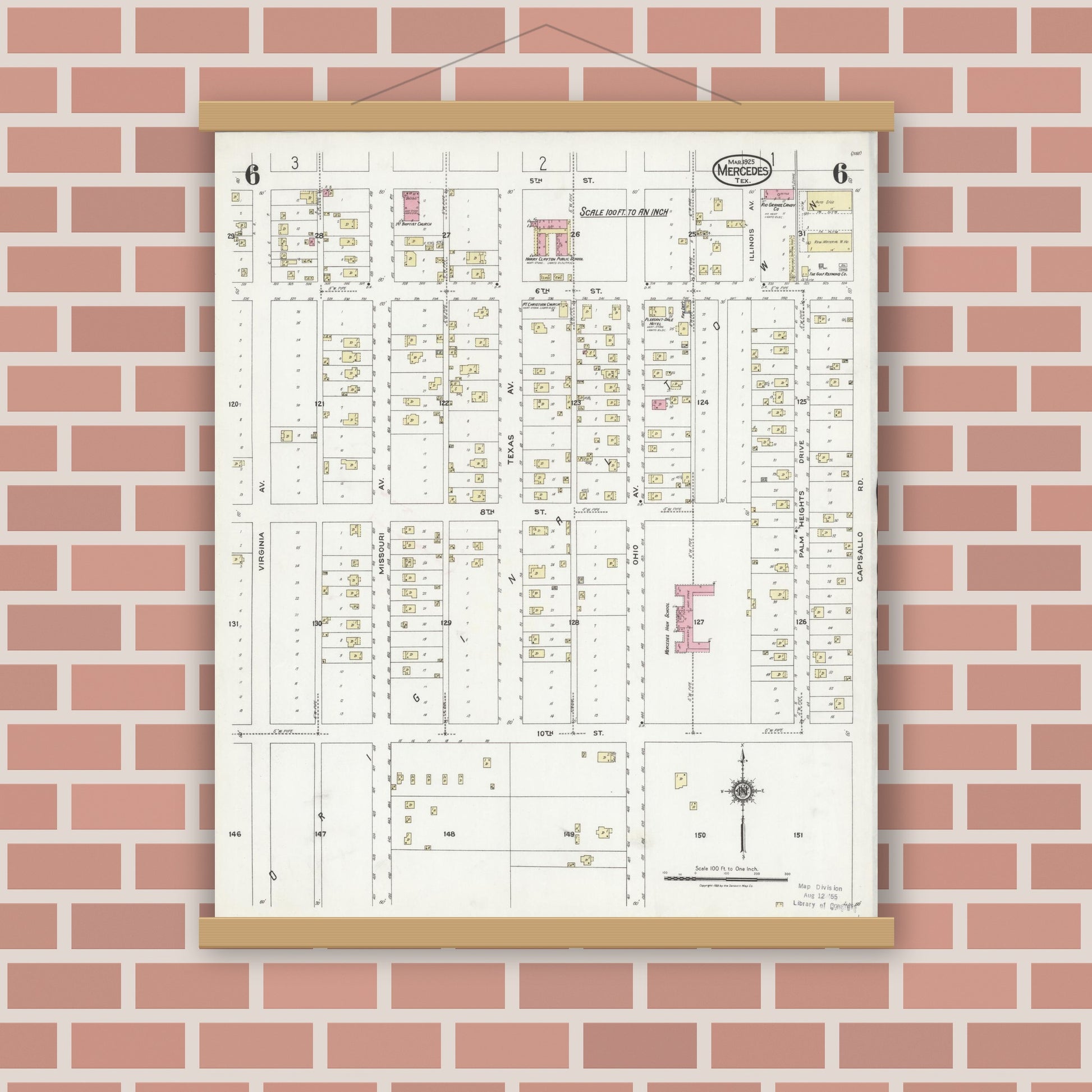 Old map wall art mockup — magnetic wood frame on brick wall — Sanborn Fire Insurance Map from Mercedes, Hidalgo County, Texas (1925), Sheet #0006