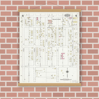 Old map wall art mockup — magnetic wood frame on brick wall — Sanborn Fire Insurance Map from Mercedes, Hidalgo County, Texas (1925), Sheet #0006