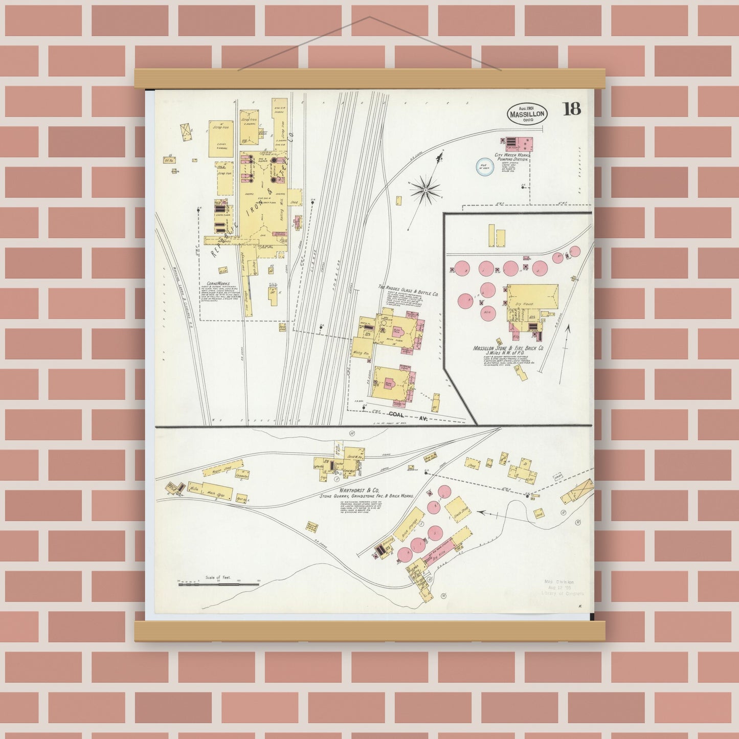 Old map wall art mockup — magnetic wood frame on brick wall — Sanborn Fire Insurance Map from Massillon, Stark County, Ohio (1901), Sheet #0018