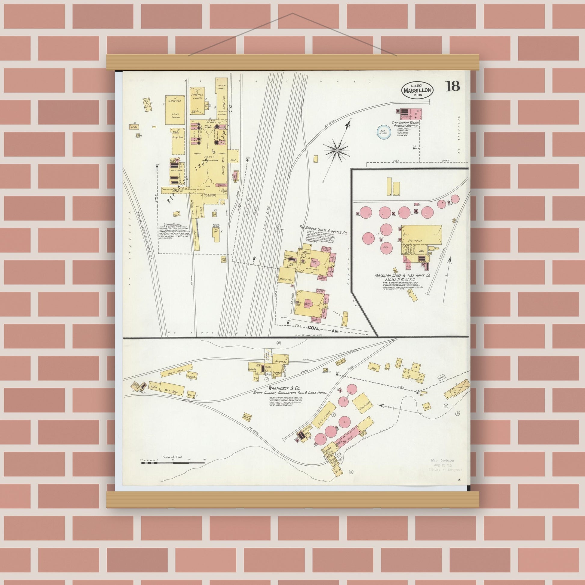 Old map wall art mockup — magnetic wood frame on brick wall — Sanborn Fire Insurance Map from Massillon, Stark County, Ohio (1901), Sheet #0018