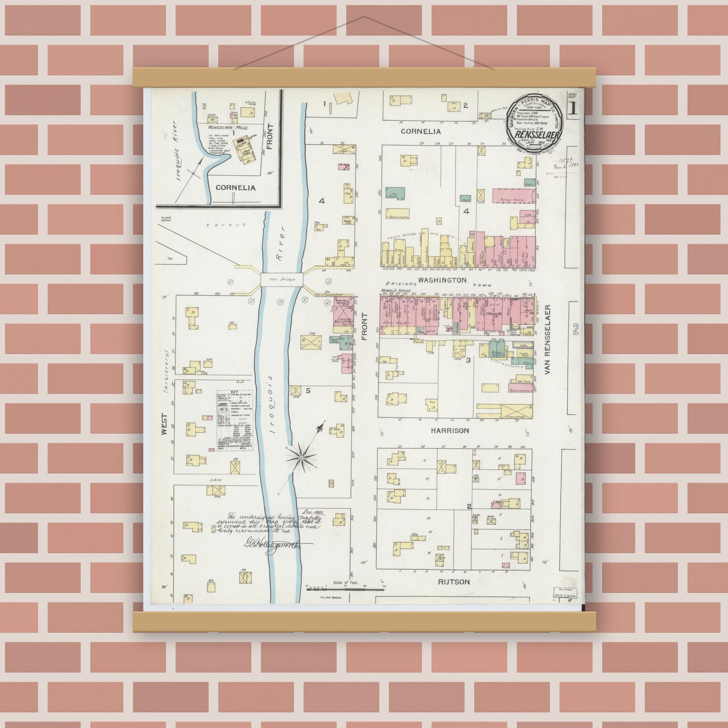 Old map wall art mockup — magnetic wood frame on brick wall — Sanborn Fire Insurance Map from Rensselaer, Jasper County, Indiana (1893) - Complete Map Set