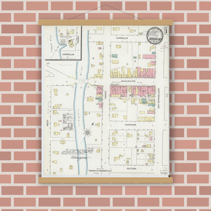 Old map wall art mockup — magnetic wood frame on brick wall — Sanborn Fire Insurance Map from Rensselaer, Jasper County, Indiana (1893) - Complete Map Set