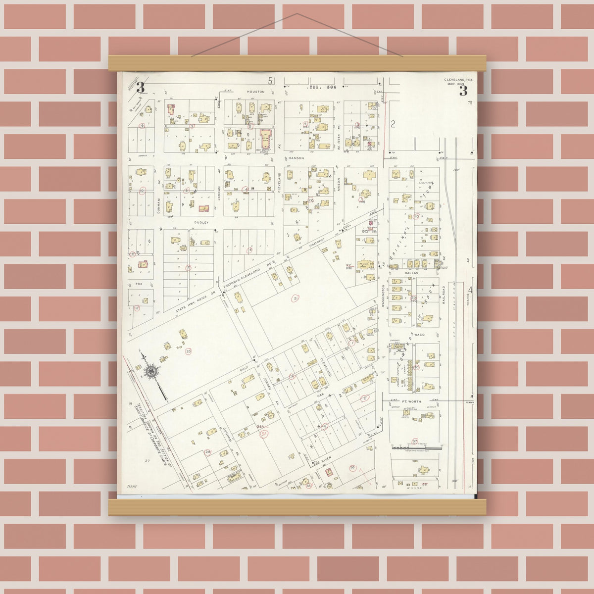 Old map wall art mockup — magnetic wood frame on brick wall — Sanborn Fire Insurance Map from Cleveland, Liberty County, Texas (1939), Sheet #0003
