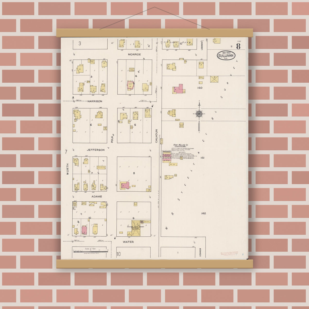 Old map wall art mockup — magnetic wood frame on brick wall — Sanborn Fire Insurance Map from Sullivan, Moultrie County, Illinois (1922), Sheet #0008
