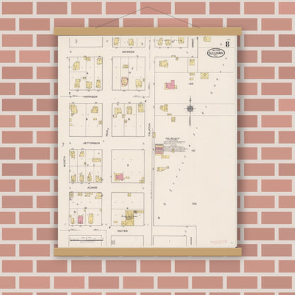 Old map wall art mockup — magnetic wood frame on brick wall — Sanborn Fire Insurance Map from Sullivan, Moultrie County, Illinois (1922), Sheet #0008