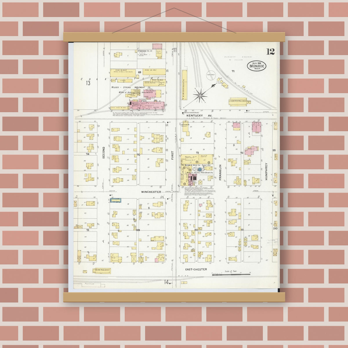 Old map wall art mockup — magnetic wood frame on brick wall — Sanborn Fire Insurance Map from Monroe, Monroe County, Michigan (1908), Sheet #0012