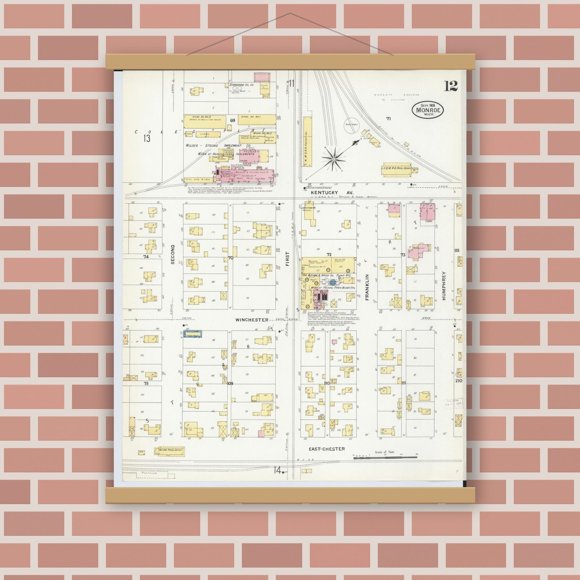Old map wall art mockup — magnetic wood frame on brick wall — Sanborn Fire Insurance Map from Monroe, Monroe County, Michigan (1908), Sheet #0012