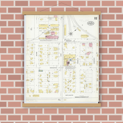 Old map wall art mockup — magnetic wood frame on brick wall — Sanborn Fire Insurance Map from Monroe, Monroe County, Michigan (1908), Sheet #0012